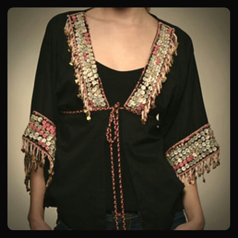 Y2k Beaded Fairy Lotta Stensson Sequin Gypsy Kimono Fringe Top Vintage Beyonce